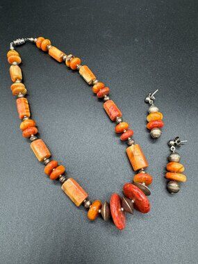 Beaded Necklace and Pierced Earrings Set Orange Faux Stones Beads